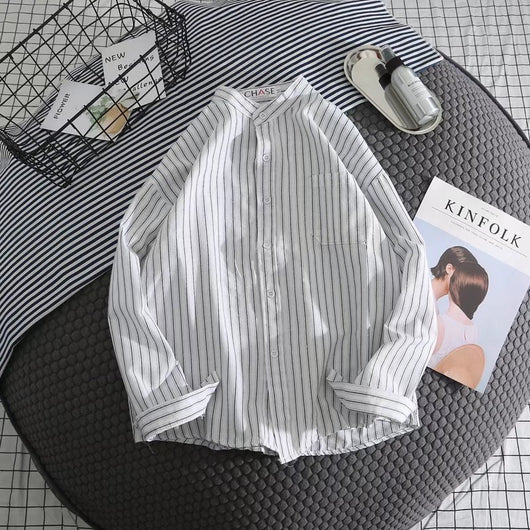 Camisa Casual de Rayas Blanca para Hombre - Manga Larga Suelta - Image 13