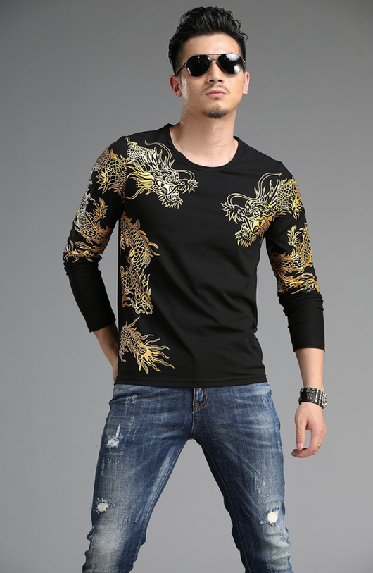 Playera Manga Larga Cuello Redondo Estilo Chino Dragón 3D Slim Fit - Image 5
