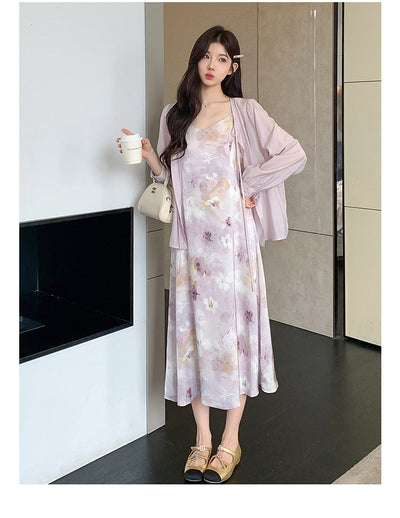Conjunto Dos Piezas: Vestido Slip Estampado Morado con Cardigan Suave - Image 16