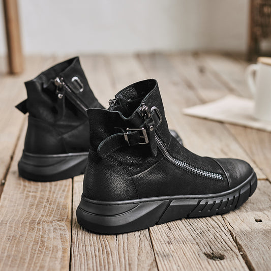 Zapatos Casuales British Negros de Caña Media con Punta Redonda y Detalles en Terciopelo