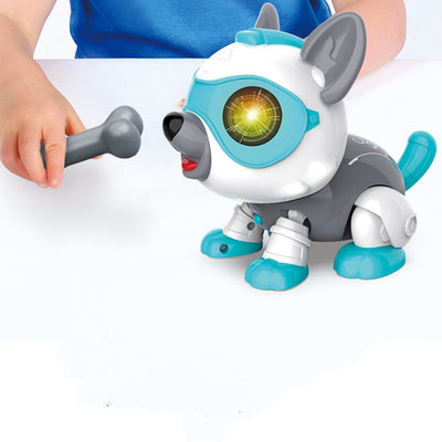 Brown and white electronic robot dog toy with green eyes, red tongue, and a small brown bone accessory. - Image 2