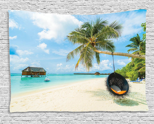 Printed tapestry featuring a vibrant tropical beach scene with a palm tree, overwater bungalows, and a hanging chair.