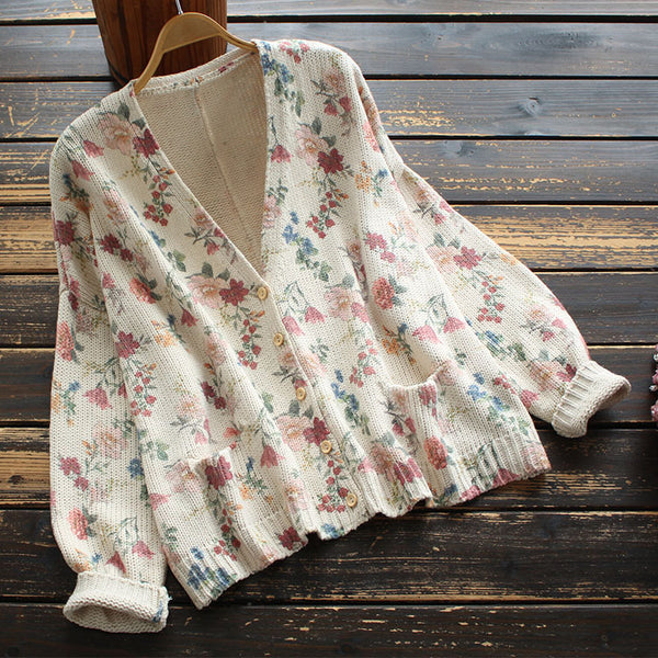 Cardigan Tejido con Estampado y Cuello en V de Manga Larga