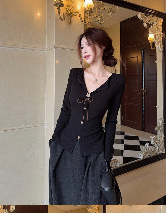 Blusa Elegante Francesa Cuello V Manga Larga Ajustada con Botones - Image 29