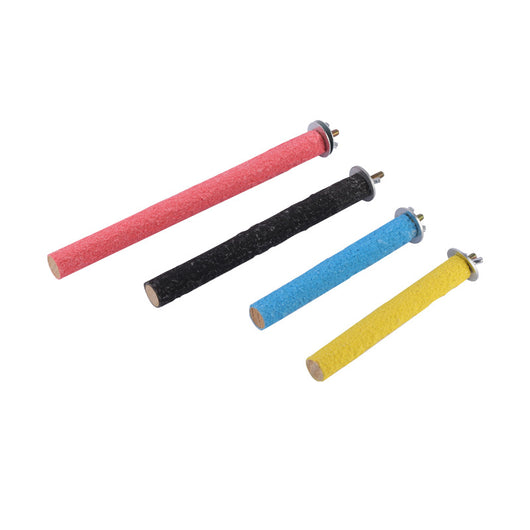 Four colorful frosted bird perches in red, black, blue, and yellow, with metal attachments for bird cages. - Image 11