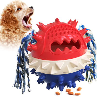 Red, white, and blue textured dog chew toy with rope tassels and a blue suction cup base, shown with a Dalmatian puppy playing. - Image 16