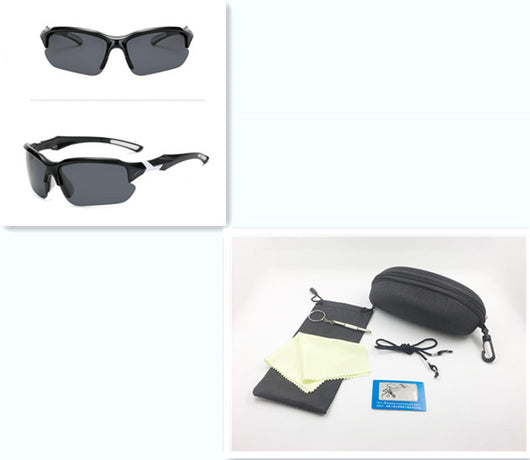 Black sports sunglasses with blue polarized lenses, shown from a front view and a three-quarter side view. - Image 22
