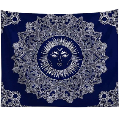 Blue traditional sun god tapestry with a white mandala design, hanging above a white sofa in a living room. - Image 2