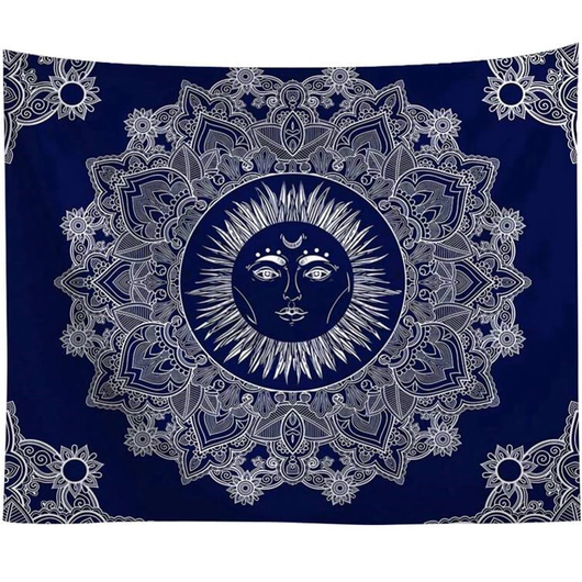 Blue traditional sun god tapestry with a white mandala design, hanging above a white sofa in a living room. - Image 2