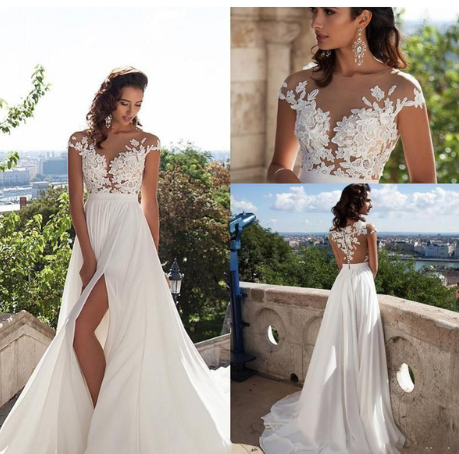 Vestido de Novia Bohemio con Apliques de Encaje, Largo Piso en Gasa Elegante