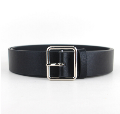 Black faux-leather women's belt with a shiny gold-tone round pin buckle, displayed on a white background. - Image 5
