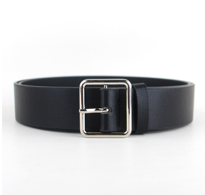 Black faux-leather women's belt with a shiny gold-tone round pin buckle, displayed on a white background. - Image 5