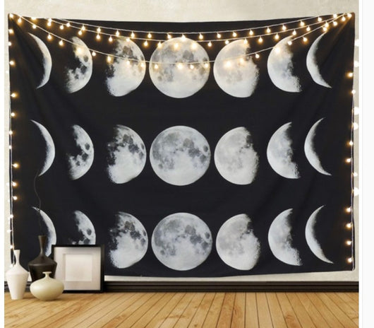 Black tapestry featuring a repeating pattern of white and grey moon phases, including full, crescent, and half moons. - Image 3