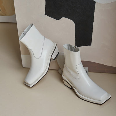 Botas de Cuero Cortas con Tacón Grueso y Punta Cuadrada - Image 7