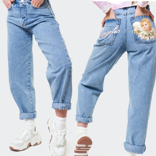 Pantalón Harem Denim Talle Alto con Estampa Ángel - Corte Suelto y Versátil