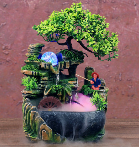 Resin desktop fountain with simulation rockery, a green bonsai tree, glowing orb, and water wheel. Measures 30cm tall. - Image 5