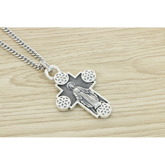 Collar de Plata Esterlina con Colgante Cruz y Flor de Cerezo Vintage Unisex - Image 2