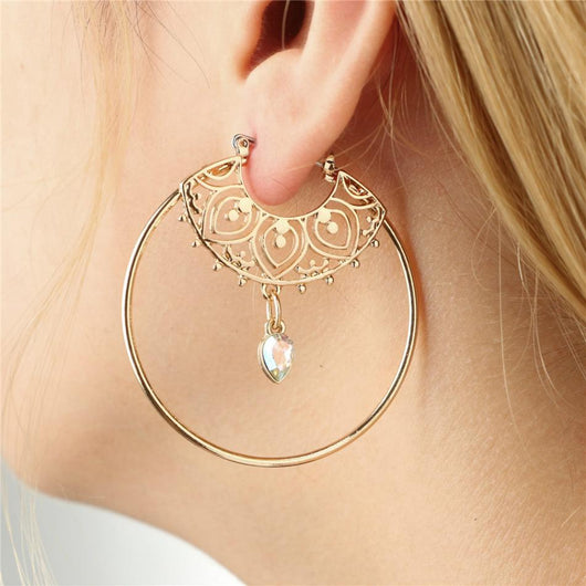 Aretes Aros Grandes Dorados con Cristal - Diseño Geométrico Elegante para Mujer