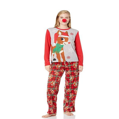 Family of five wearing matching Christmas pajamas with Rudolph the Red-Nosed Reindeer tops and red plaid pants. - Image 3