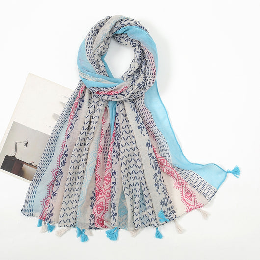 Pañoleta Geométrica Retro con Borlas - Protección Solar Versátil para Viajes - Image 17
