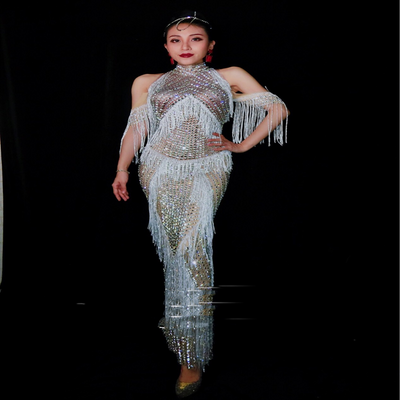 Vestido de Danza Completo con Flecos de Diamantes para Presentaciones - Image 5