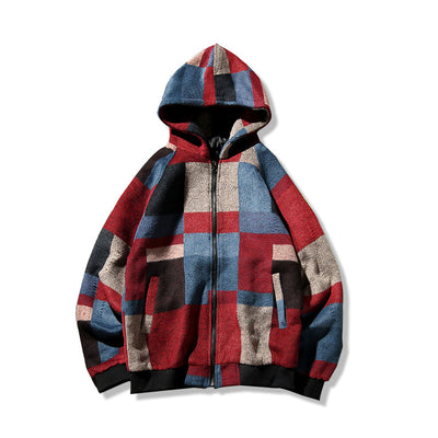 Abrigo Lana Hombre Cuadros Bloques Color con Capucha Estilo Harajuku