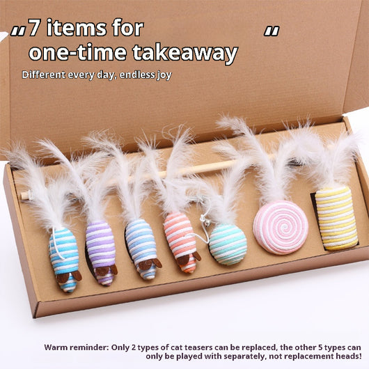 7-piece cat toy gift set with mouse, feather wands, and string-wrapped toys in a brown cardboard box.