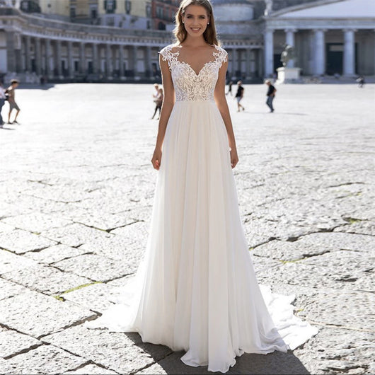 Vestido de Novia Línea A Gasa con Cuello en V y Mangas Largas - Image 4