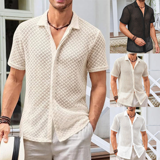 Camisa Casual de Malla Ligera para Hombre - Diseño Liso con Solapa