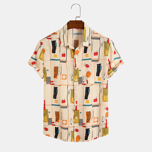 Camisa Casual de Manga Corta con Estampado Étnico para Hombre
