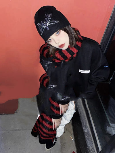 Bufanda Harajuku Punk Rayas Gris Rojo Negro - Image 7