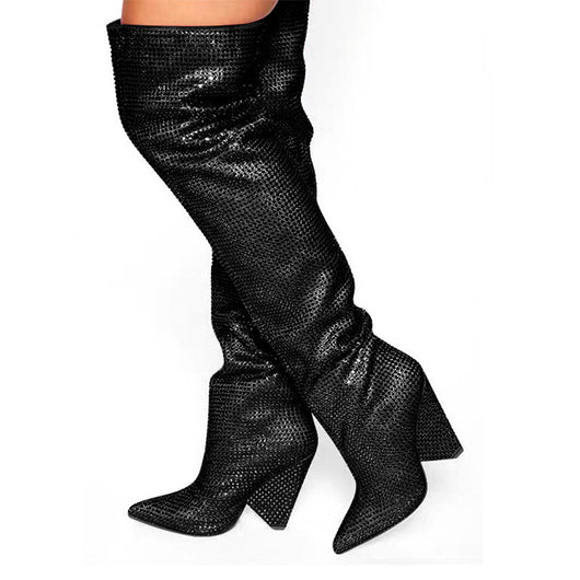 Botas Hasta la Rodilla con Tacón Cuña Punteado y Cristales Brillantes Talla Grande - Image 15