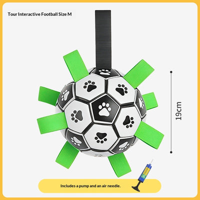 Black and white soccer ball dog toy with green fabric tabs and paw prints, 19cm, includes pump. - Image 5