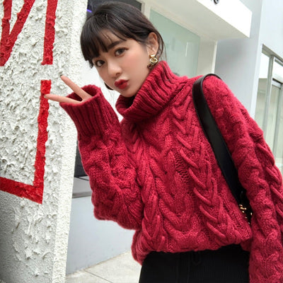Suéter Cuello Alto Tejido Suelto Estilo Relajado con Textura Gruesa - Image 9
