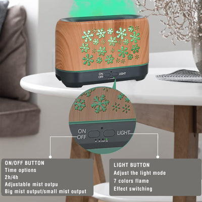 Wood grain humidifier with snowflake pattern, emitting blue flame-like mist, shown with remote control and other color options. - Image 6