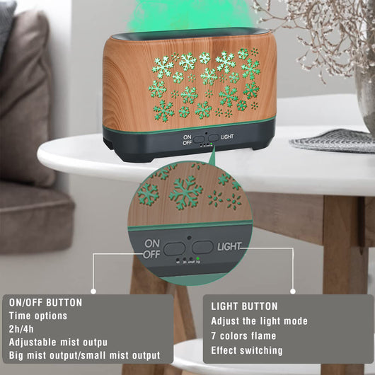 Wood grain humidifier with snowflake pattern, emitting blue flame-like mist, shown with remote control and other color options. - Image 6