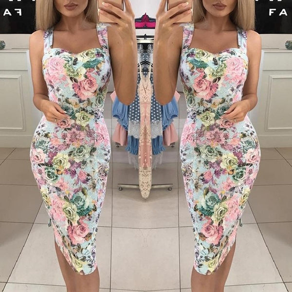 Vestido Midi Entallado con Estampado y Tirantes Delgados