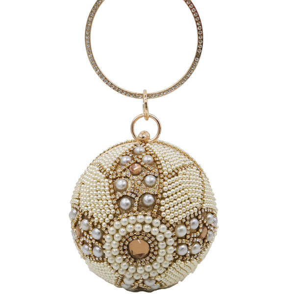 Bolso de Mano Redondo con Perlas y Diamantes