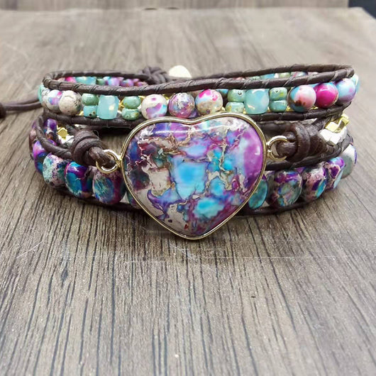 Pulsera de Cuero de Vaca con Tres Círculos Piedra Emperador y Cuentas - Image 6