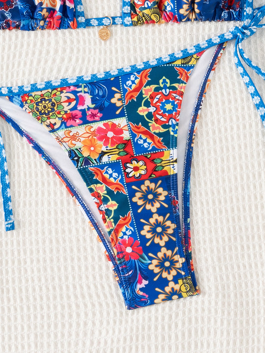 Red floral print triangle cup bikini set with matching bottom, featuring a small gold charm on the top. - Image 36