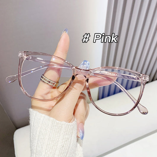 Black full-frame round anti-blue light glasses held by a hand with a gold ring and light blue gradient nails. - Image 13