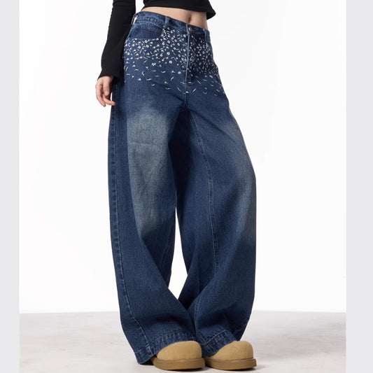Pantalones Vaqueros Rectos Bordados Floral Vintage Mujer Cintura Alta Pierna Ancha - Image 2
