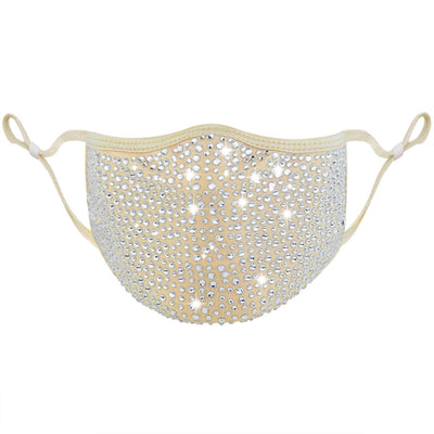 Beige fashion face mask covered in clear rhinestones with adjustable ear loops for a sparkly look. - Image 4