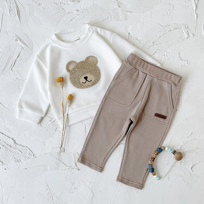 White long-sleeve baby hoodie with a brown bear print and matching ribbed beige sweatpants set. - Image 12