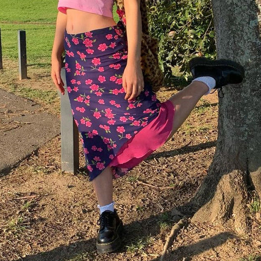 Falda Larga Estampado Flor de Cerezo en Chifón Entallada - Image 9