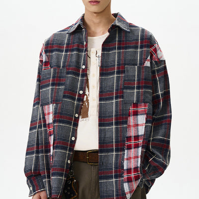Camisa Cuadriculada Patchwork Vintage Manga Larga Unisex - Image 11