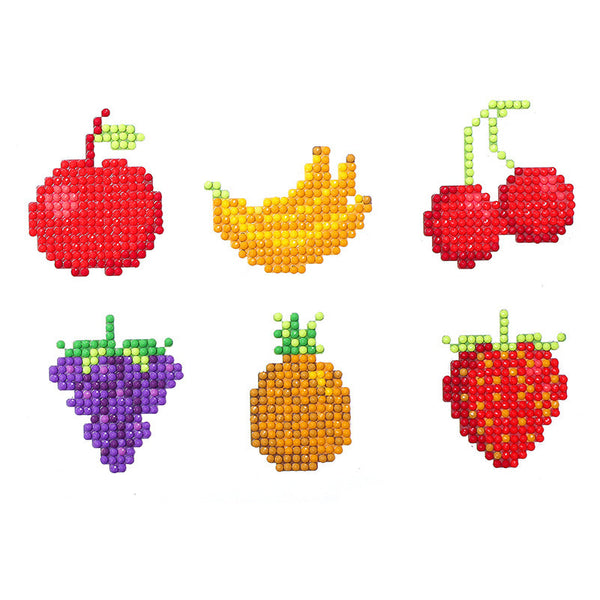 Set of 6 diamond painting fruit stickers featuring an apple, banana, cherries, grapes, pineapple, and strawberry. - Image 3