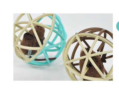 Beige plastic spherical cage pet toy with a brown furry mouse inside, designed for cats. - Image 3
