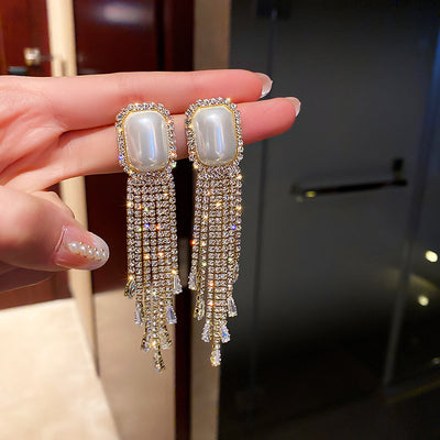 Aretes Largos de Perlas y Diamantes Completos con Borlas Exageradas - Image 12
