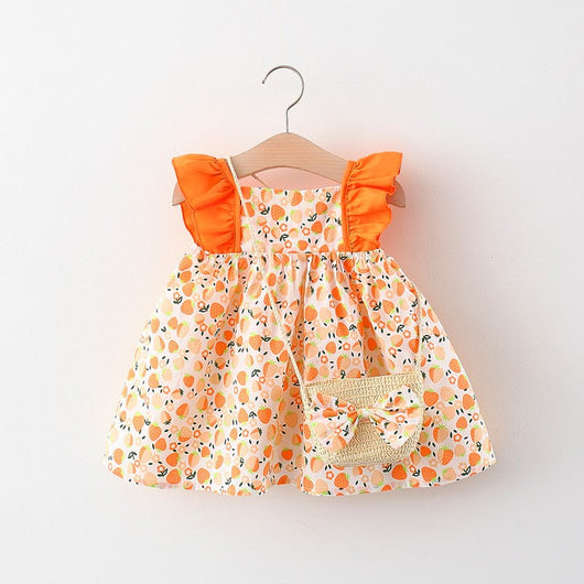 Vestido para Niña con Mangas Volantes + Bolsa Canasta de Bambú - Image 6